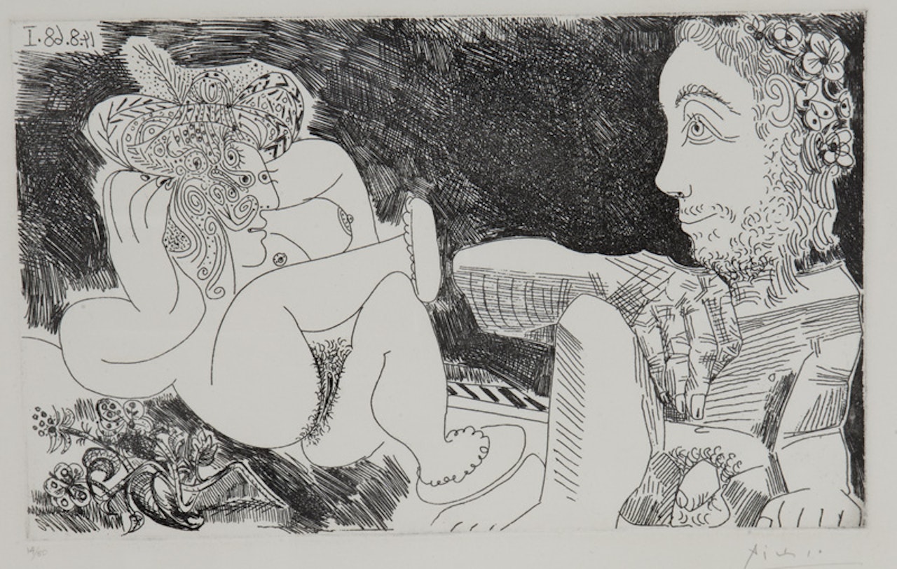 "Au Jardin: Odalisque en Pantoufles au Chapeau, avec des Fleurs et Spectateur" by Pablo Picasso