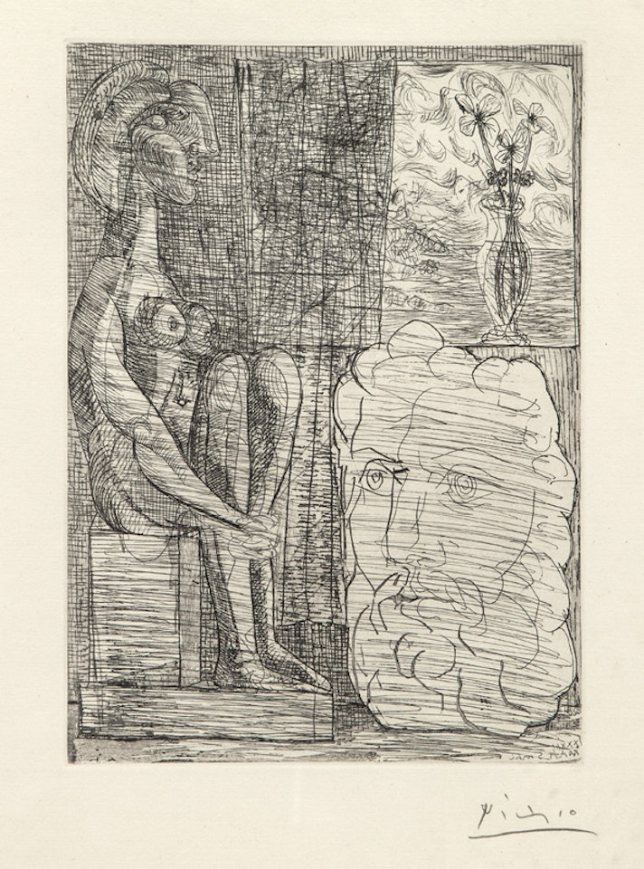 "Sculptures et vase de fleurs (from the Vollard Suite)" by Pablo Picasso