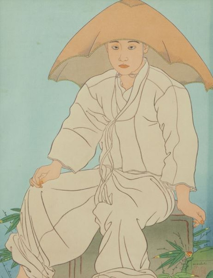 "Le Fils" woodblock print.; "Le Fils qui Vient de Perdre son Pere, Coree-Seoul" woodblock print by Paul Jacoulet