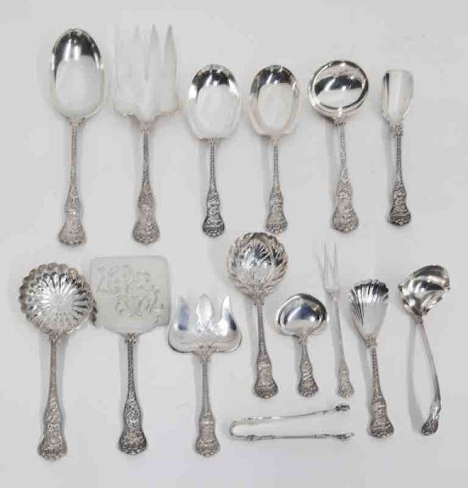 pierced waffle server; berry spoons; bon bon spoon; cheese scoop; relish fork; fish serving fork by Tiffany & Co.