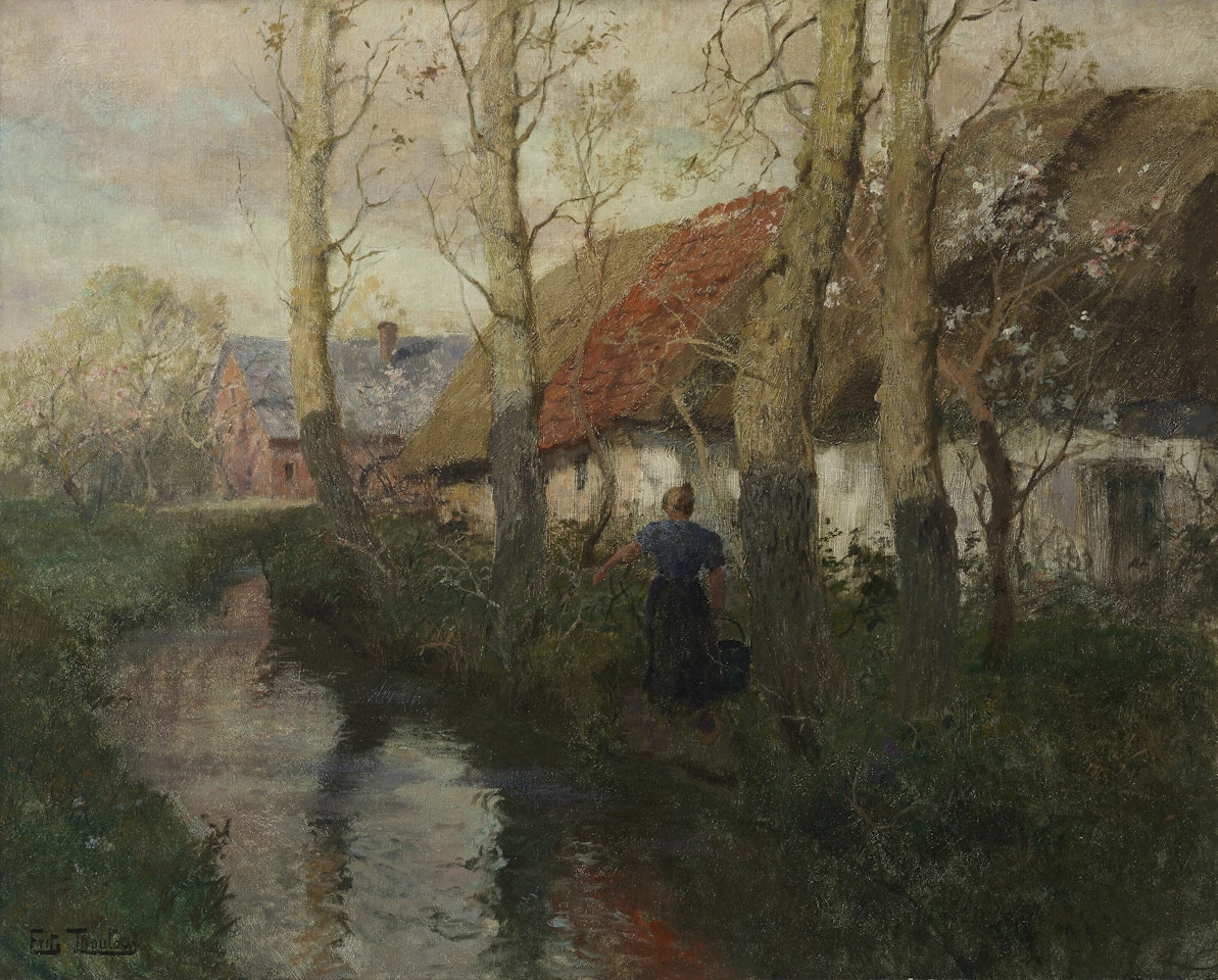 A River in Normandy with a Woman Carrying Water by Fritz Thaulow