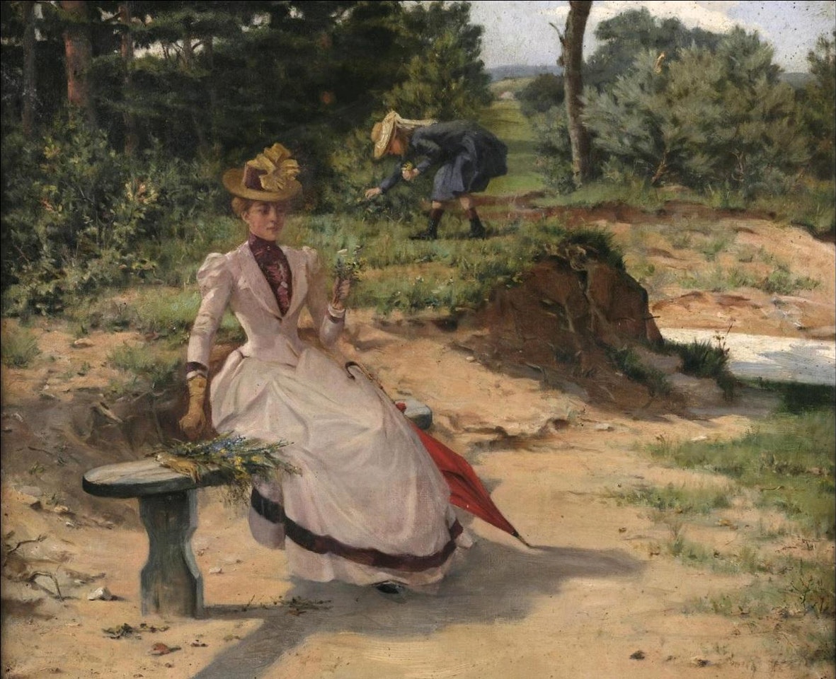 Young woman with a red parasol by French School