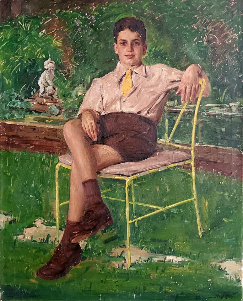 Portrait of a seated child in a garden by Ludwig Blum