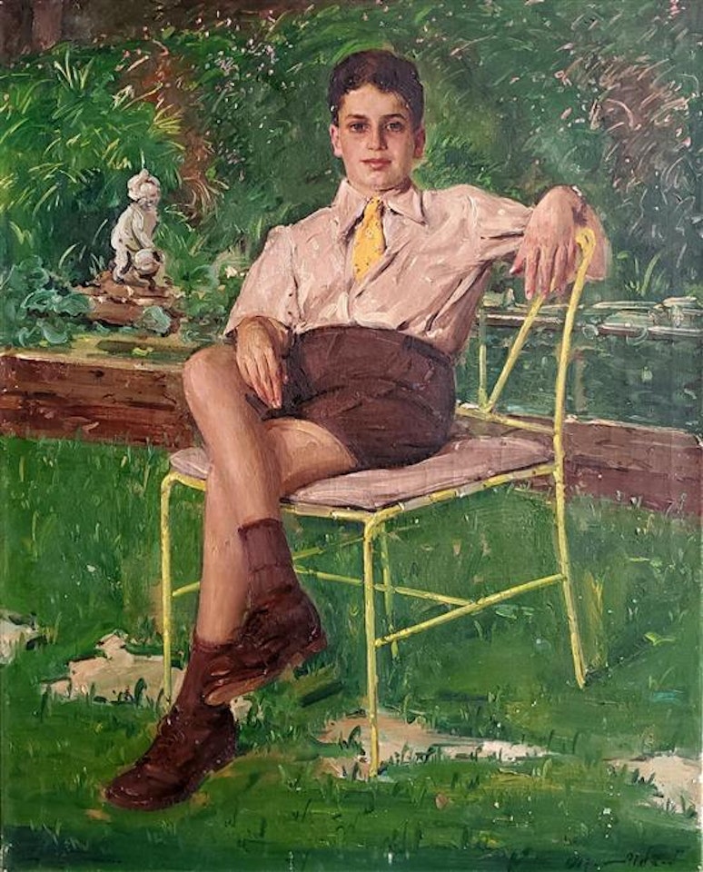Portrait of a seated child in a garden by Ludwig Blum