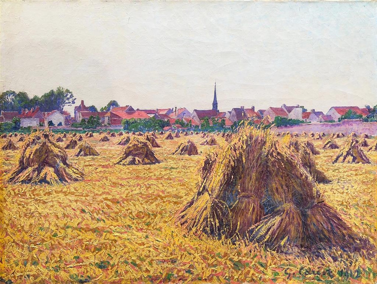 Millstone fields in front of a village by Gustave Cariot