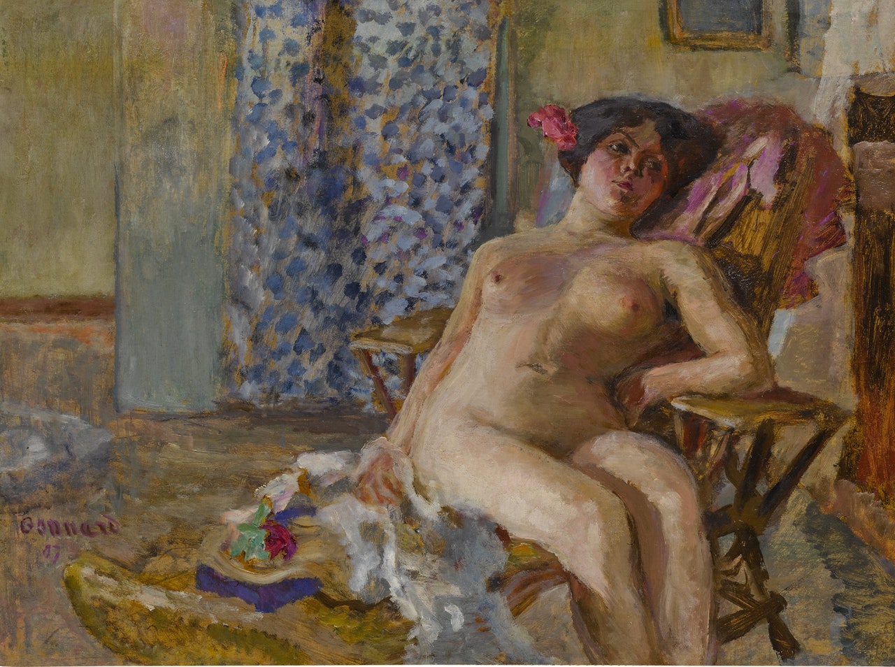 Nu assis, Fleurs dans les cheveux (Étude de nu) by Pierre Bonnard