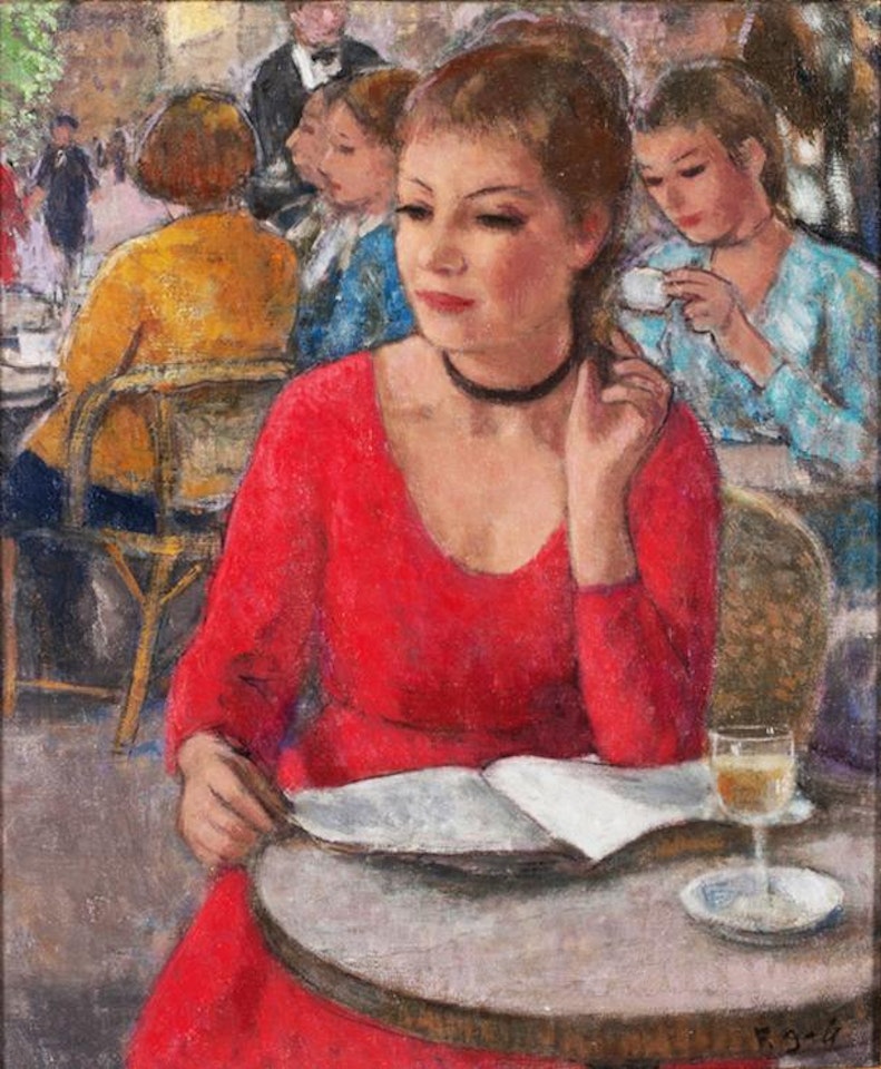 Eugenie en rouge, lecture au cafe, Paris by François Gall