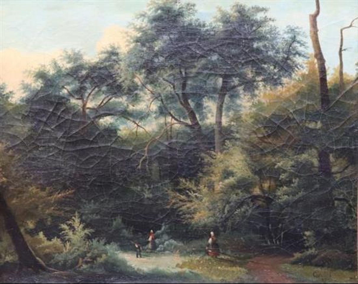 Mother and children in the forest by French School