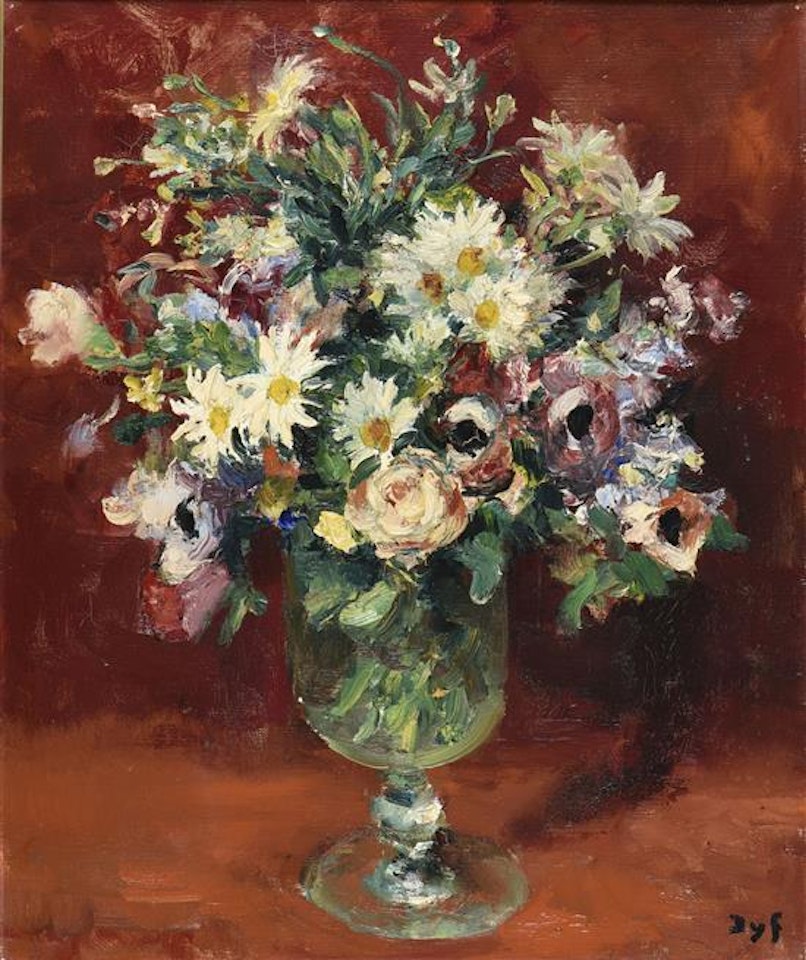 Bouquet de fleurs sur fond rouge by Marcel Dyf
