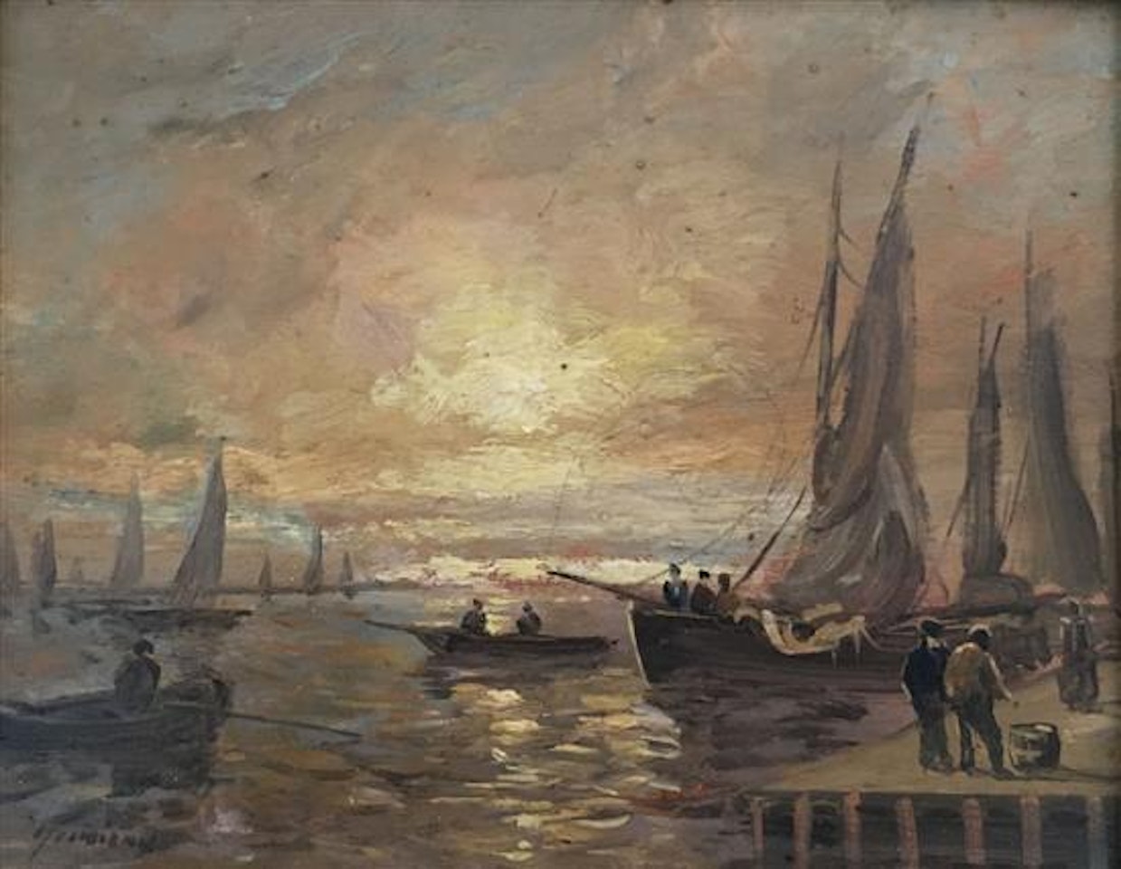 Sunset at port by French School