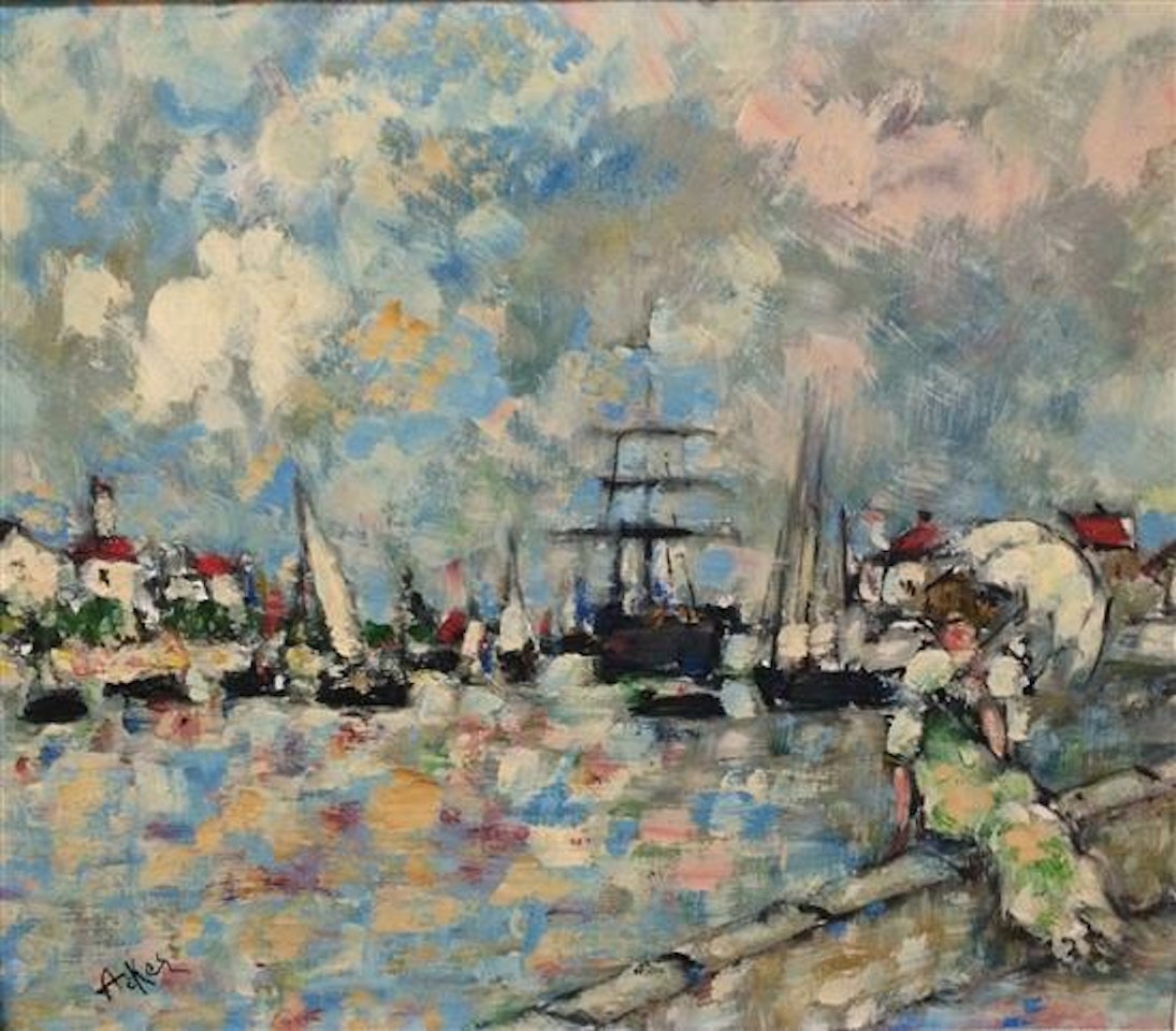 Woman with umbrella overlooking the port by French School