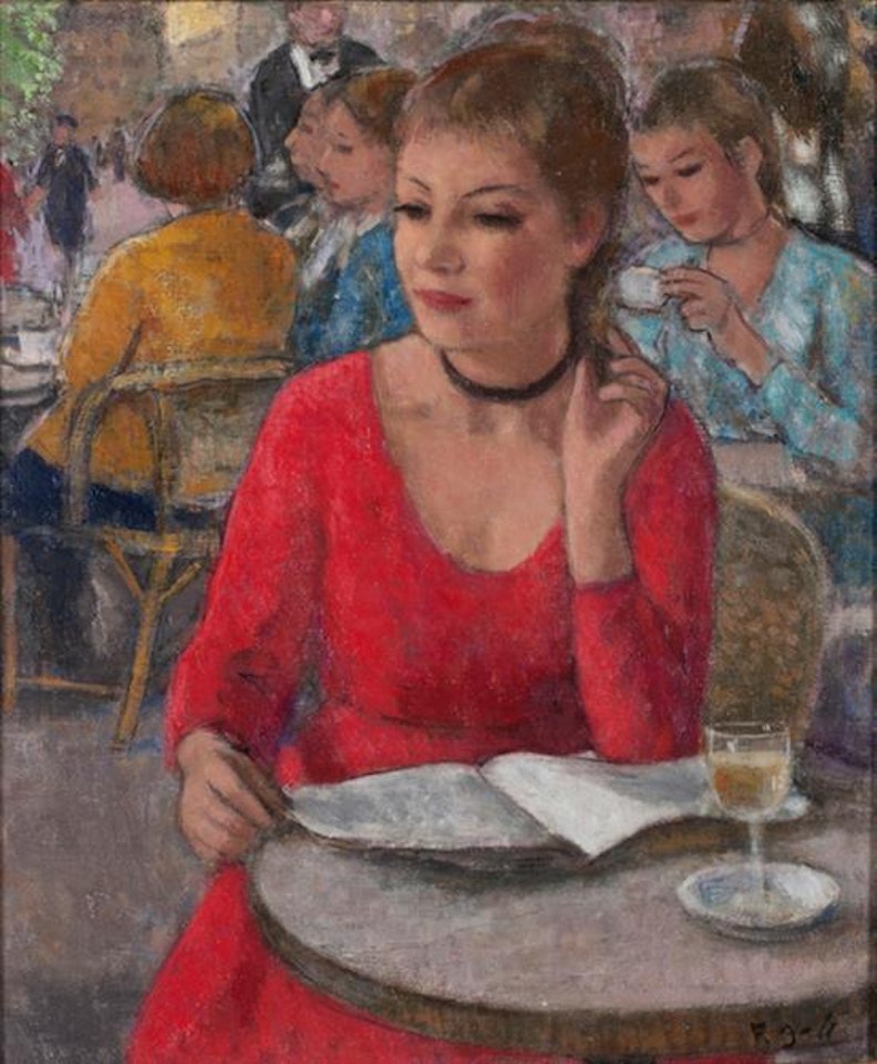 Eugenie en rouge, lecture au cafe, Paris by François Gall
