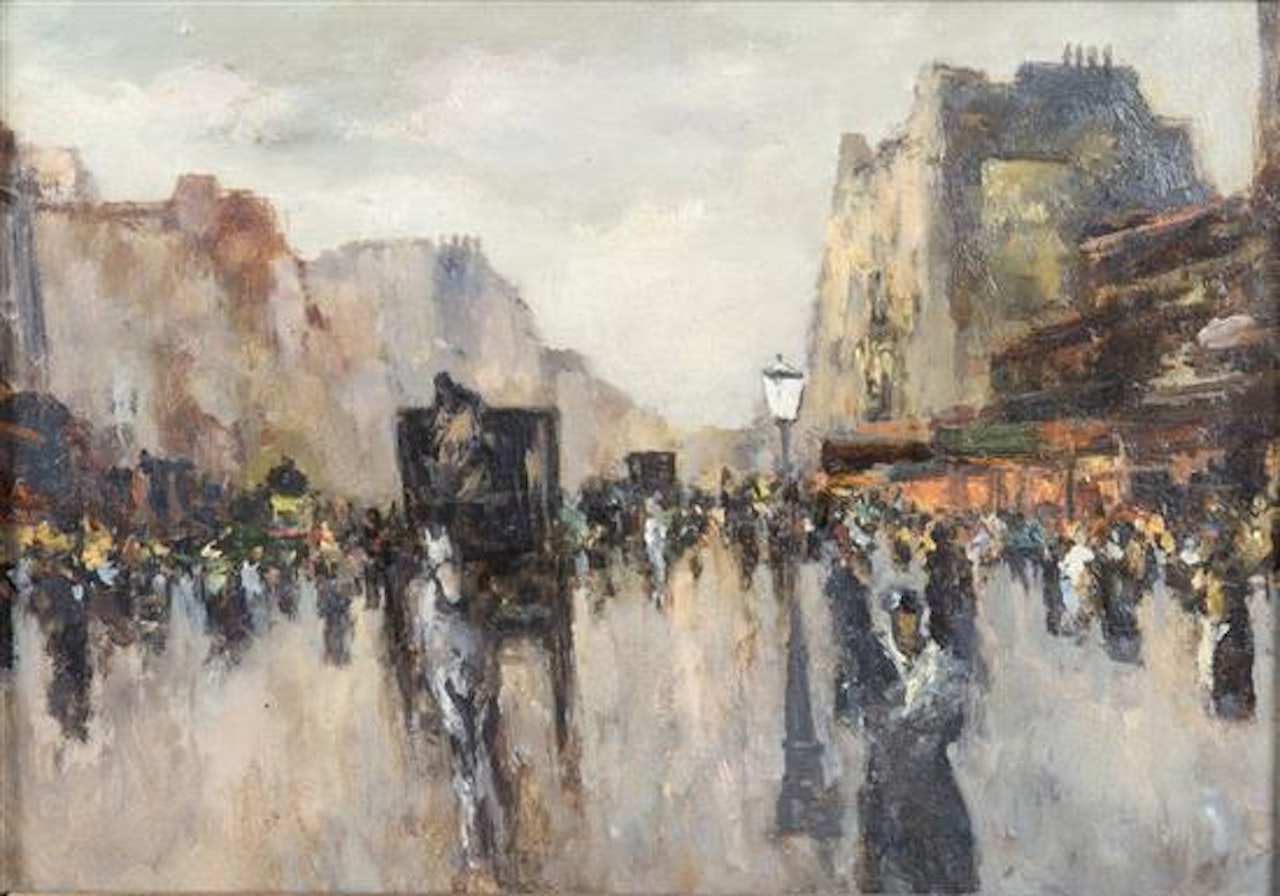 Parisian street view under rain by French School