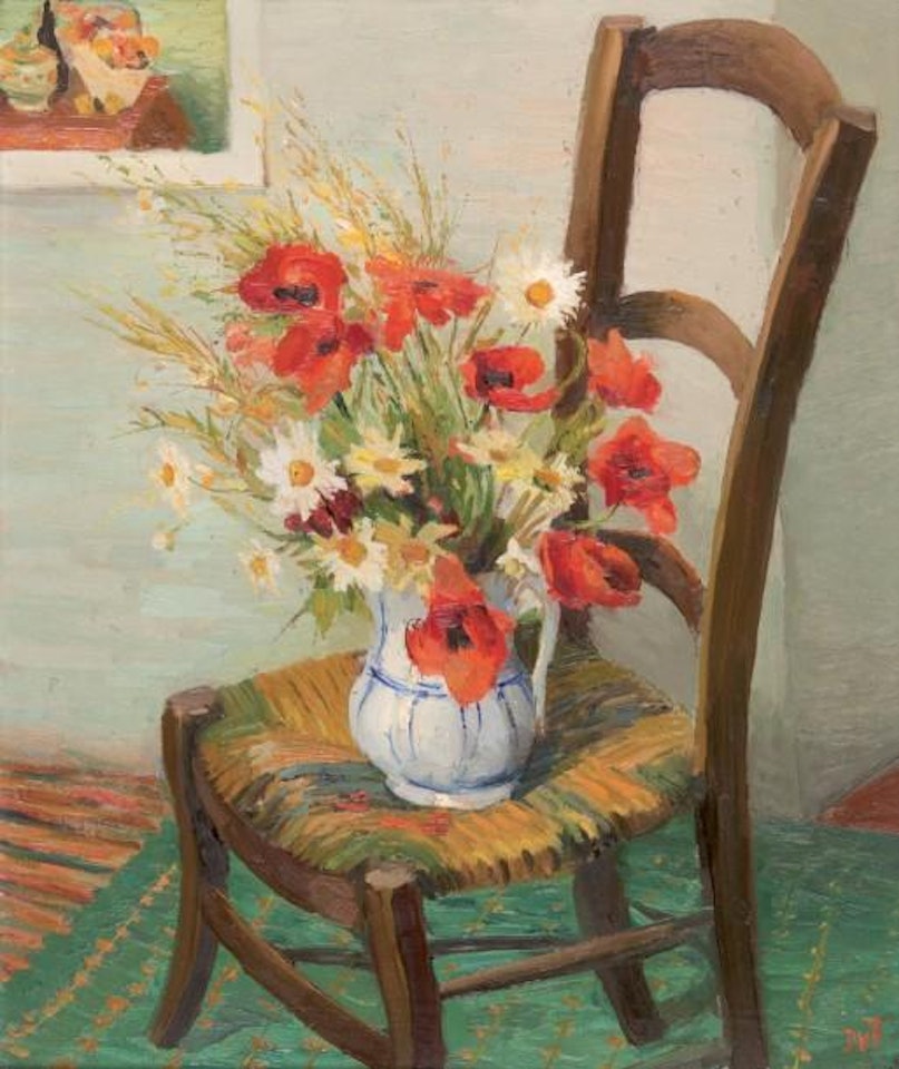 Nature morte au bouquet de fleurs sur une chaise by Marcel Dyf