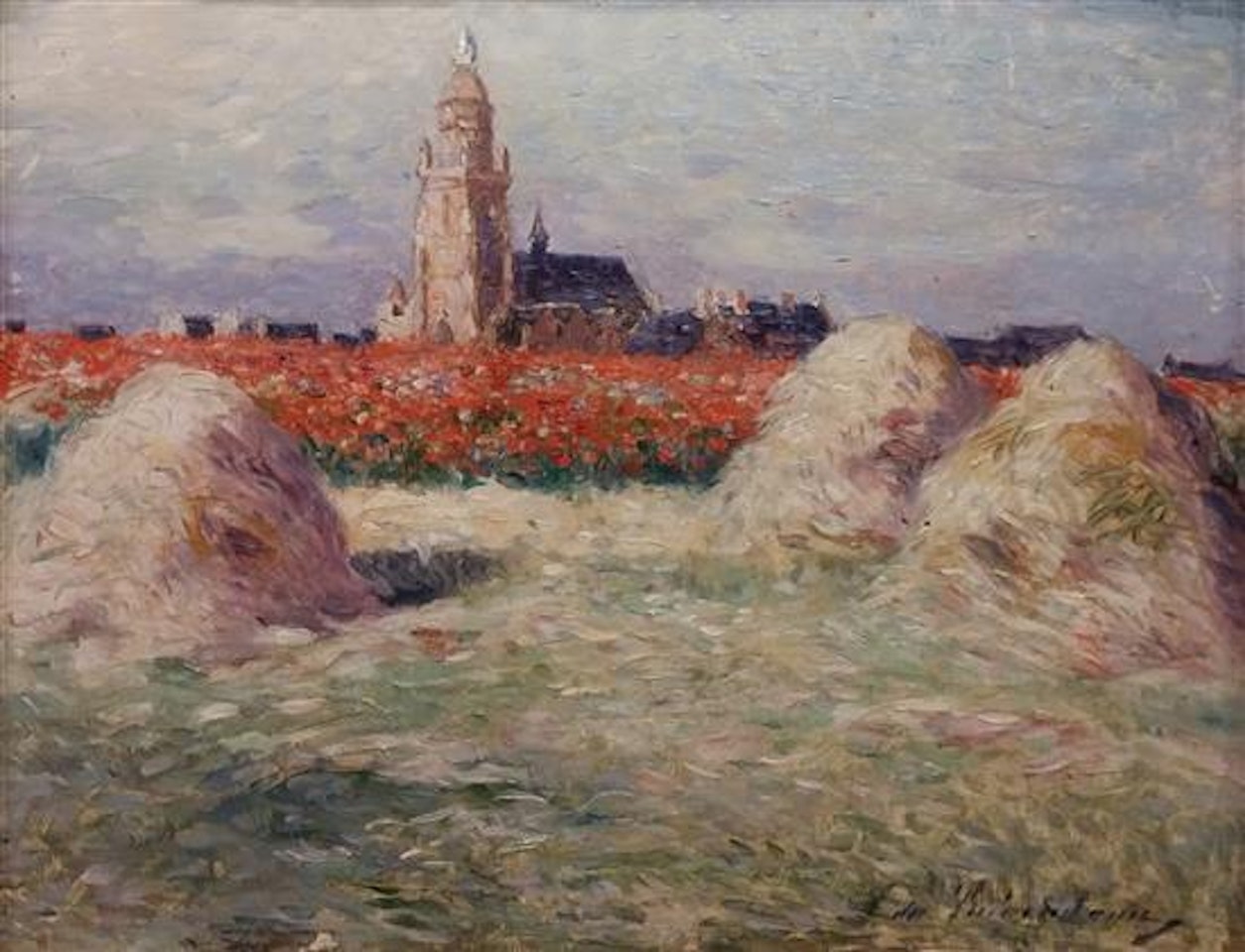 Haystacks and field of poppies near the Croisie by Ferdinand du Puigaudeau