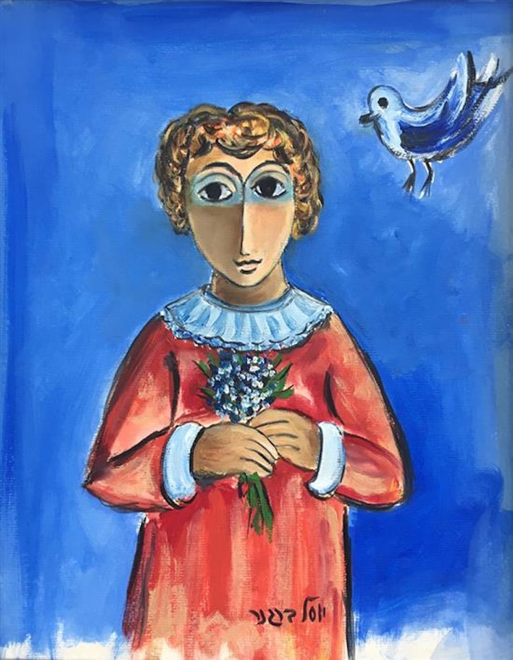 Girl with flower bouqet by Yosl Bergner
