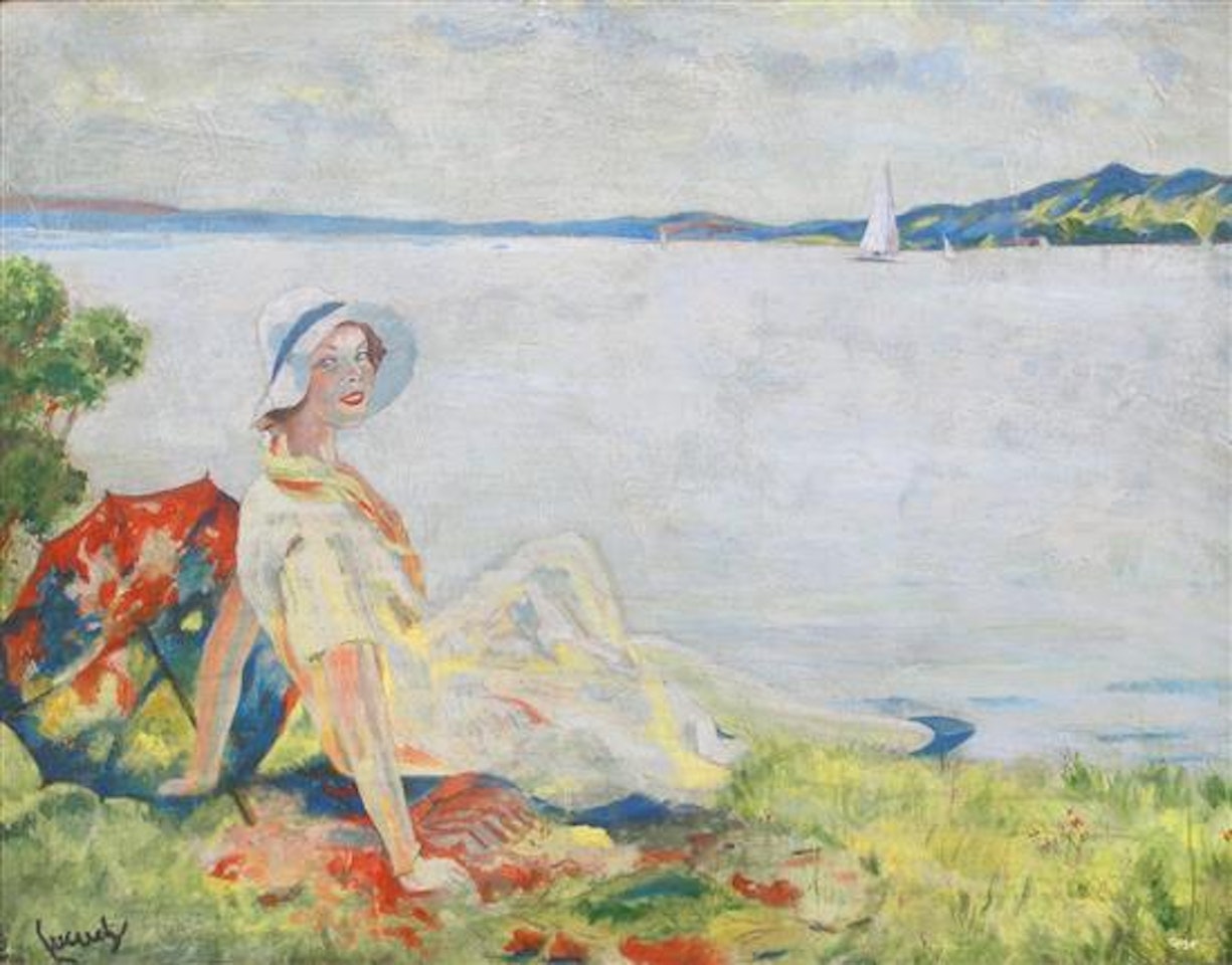 Woman with umbrella by the sea by Edward Cucuel