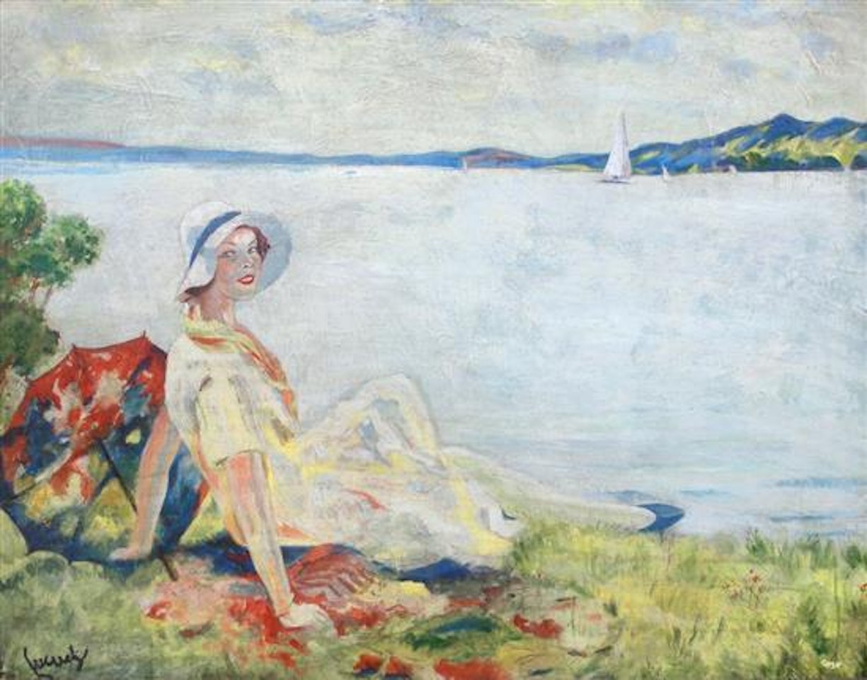 Woman with umbrella by the sea by Edward Cucuel