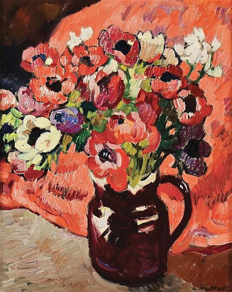 Bouquet d"anémones au fond rouge by Louis Valtat
