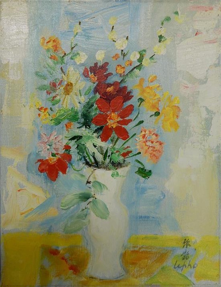 Flowers in a white vase by Le Pho