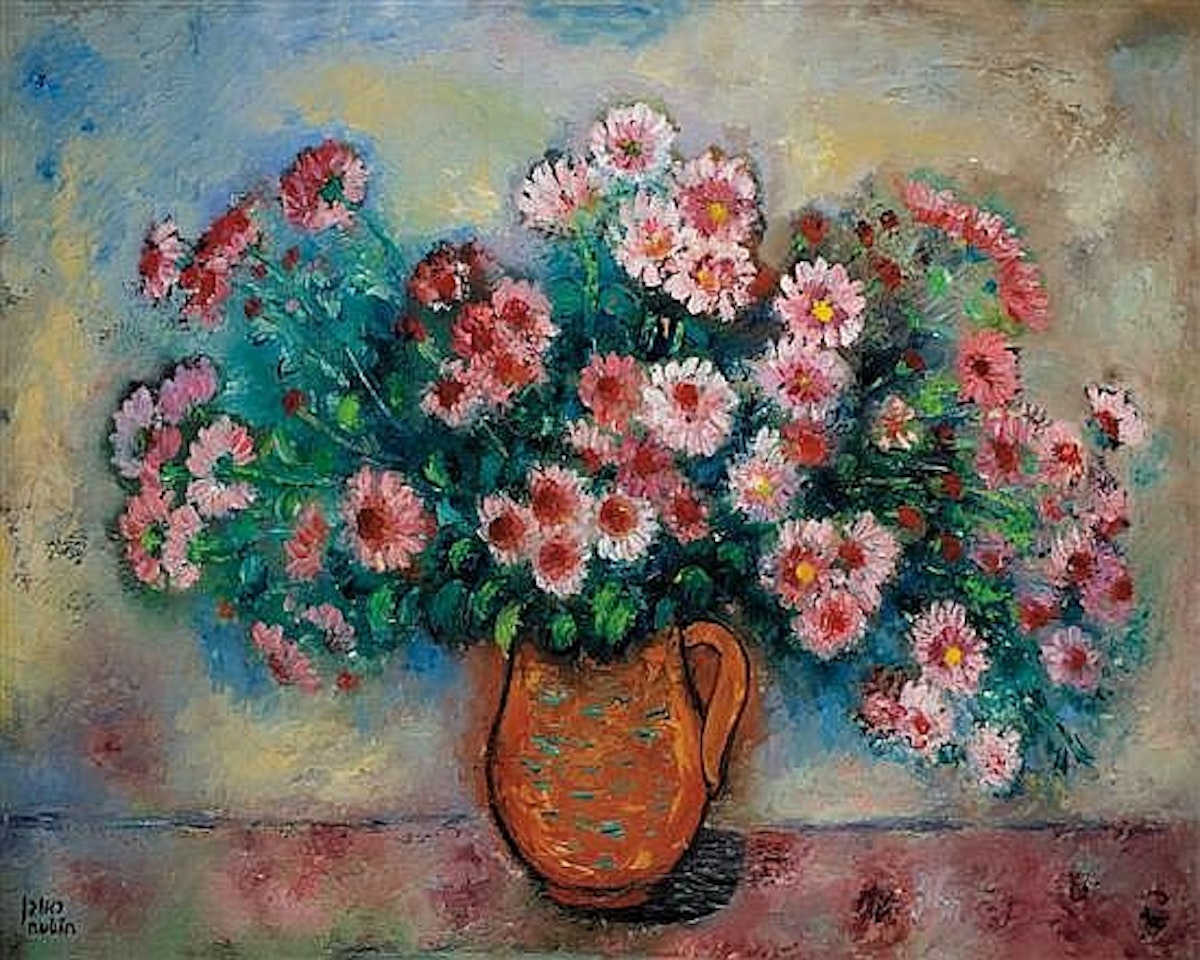 Pink daisies in brown vase by Reuven Rubin