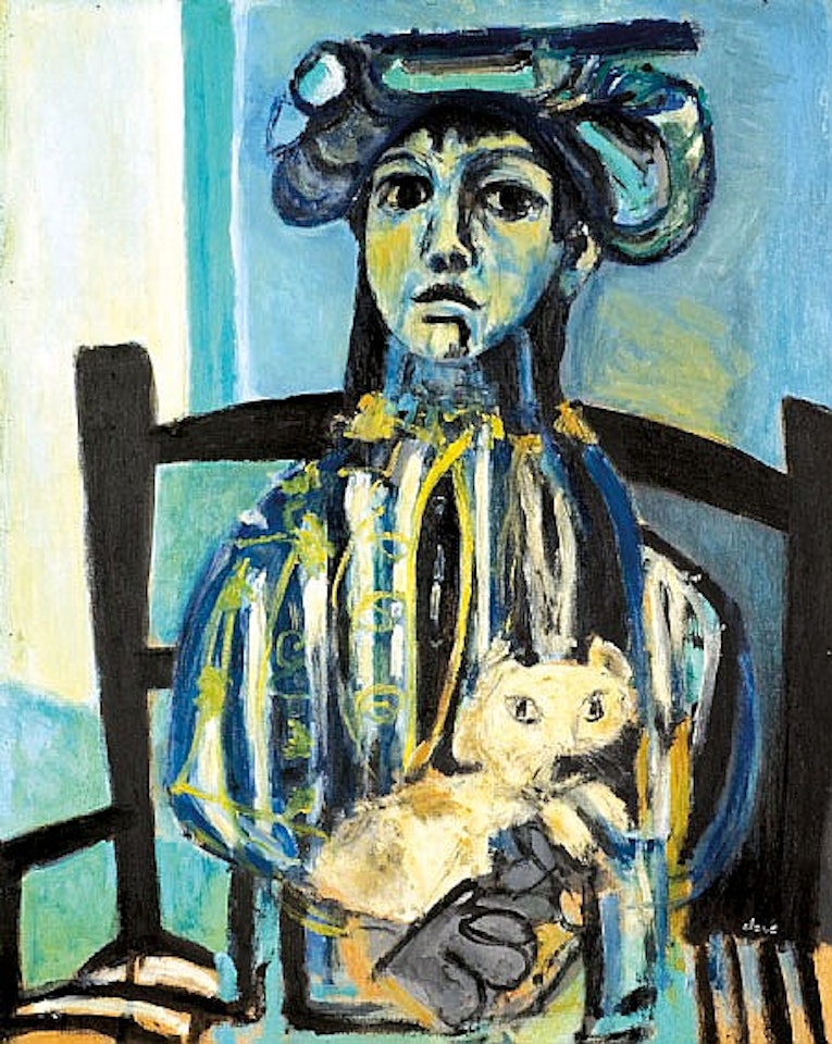 Young girl with cat by Antoni Clavé