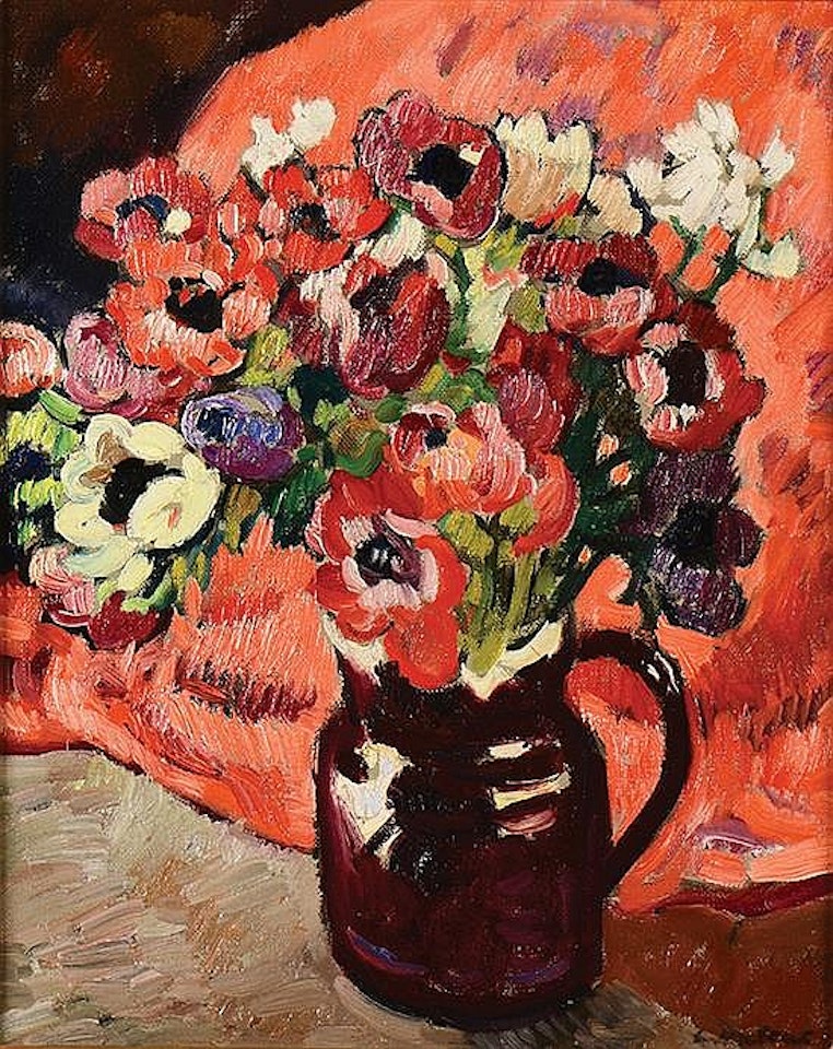 Bouquet d"anיmones au fond rouge by Louis Valtat