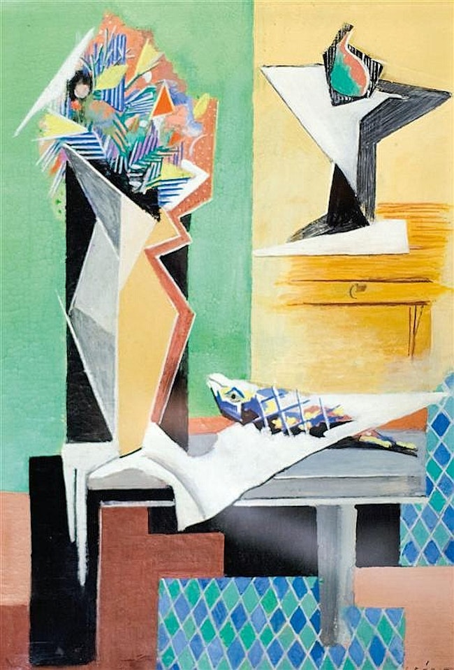 Nature morte au bouquet de fleurs et poisson by Serge Férat