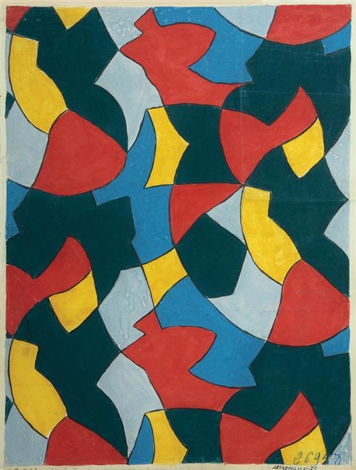 Composition in red, yellow, blue, green and gray model for fabric by Serge Poliakoff