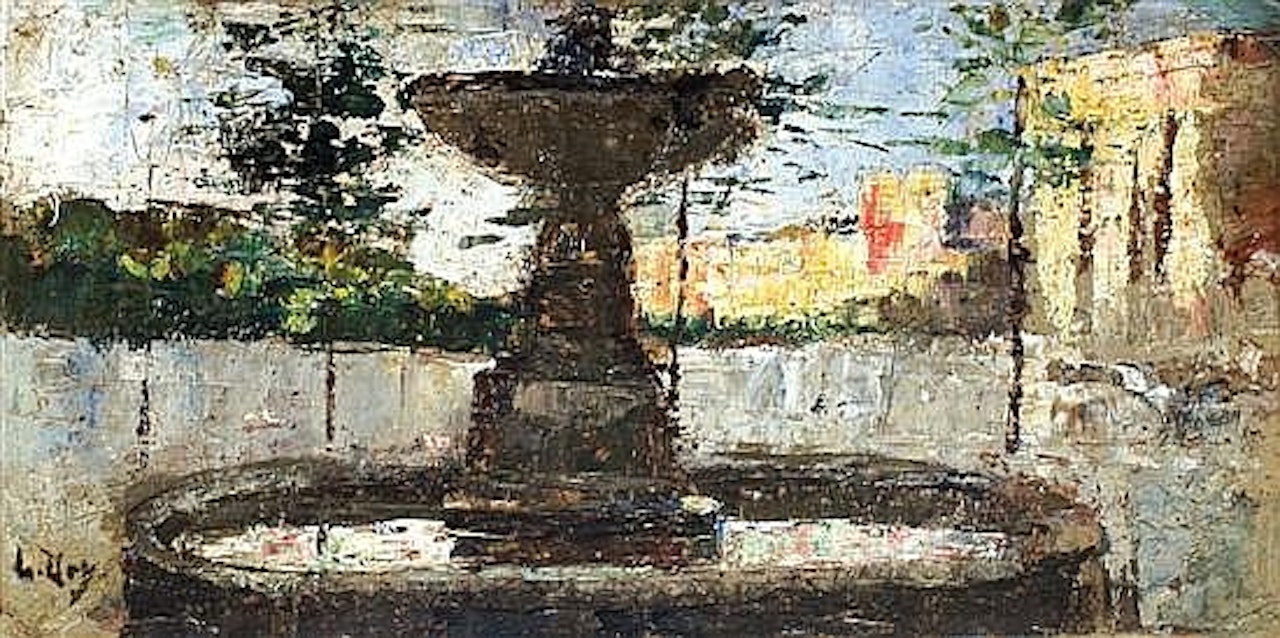 Fountain in town square by Lesser Ury