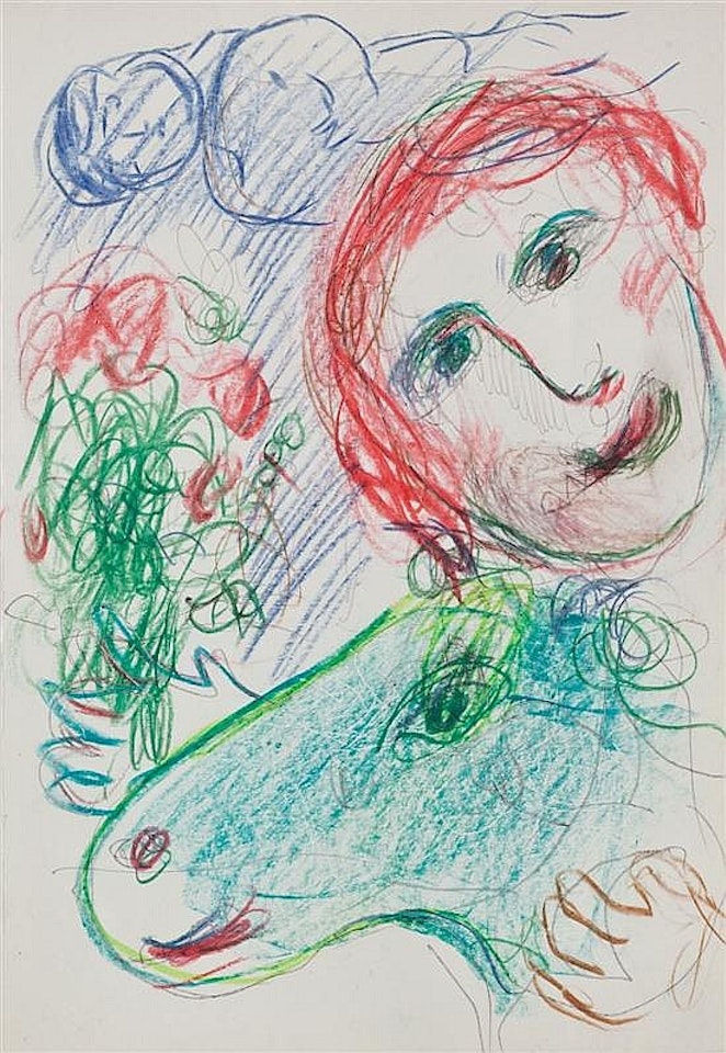 Self portrait with a green donkey, from Sketchbook La Reine de Saba by Marc Chagall