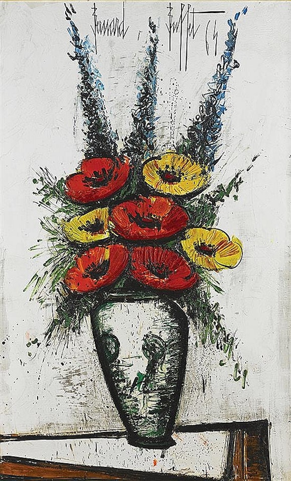 Pavots rouges et jaunes, delphiniums bleus by Bernard Buffet