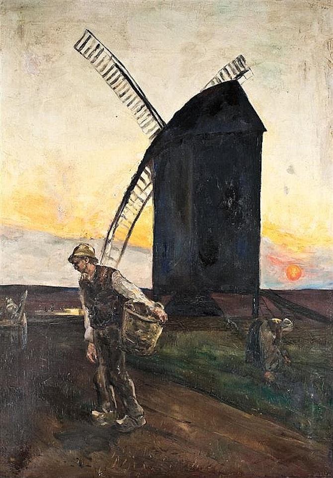 Peasants in Dutch landscape with windmill by Lesser Ury