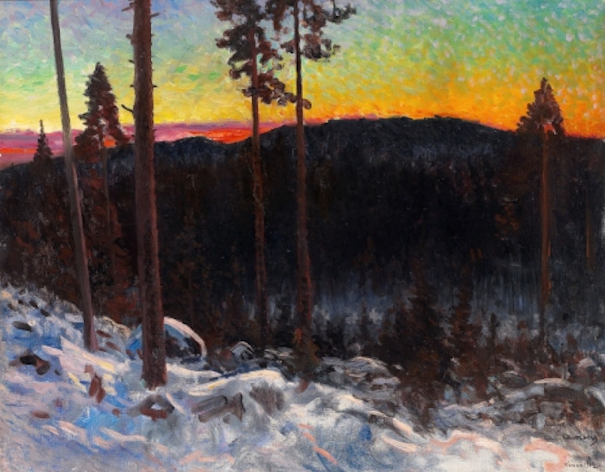 Landscape with pine trees in evening light by Anshelm Schultzberg