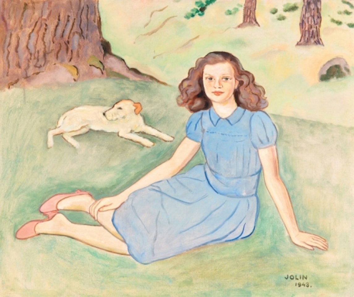 Girl with dog in meadow by Einar Jolin