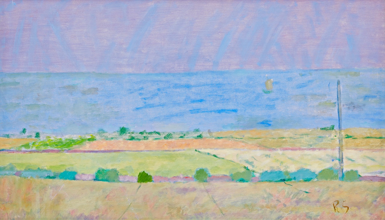 "Blue sea with yellow sailboat" by Ragnar Sandberg