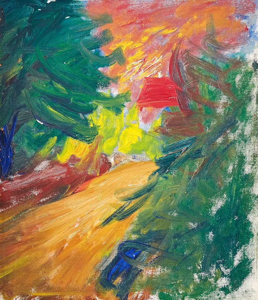 Red roof in green landscape by Ivan Ivarson