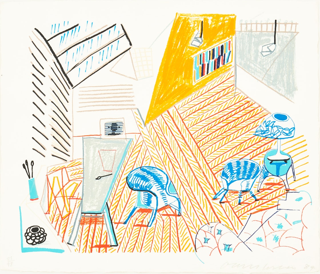 ”Pembroke Studio with Blue Chairs and Lamp”, from: ”Moving Focus” by David Hockney
