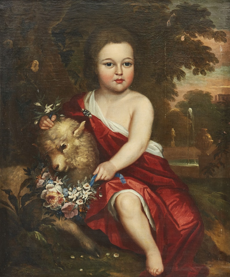 Portrait of a child with a lamb in a palace garden by Godfrey Kneller