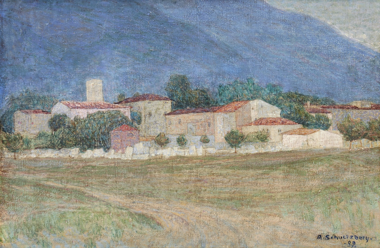 View towards a French village, in the background a mountain by Anshelm Schultzberg