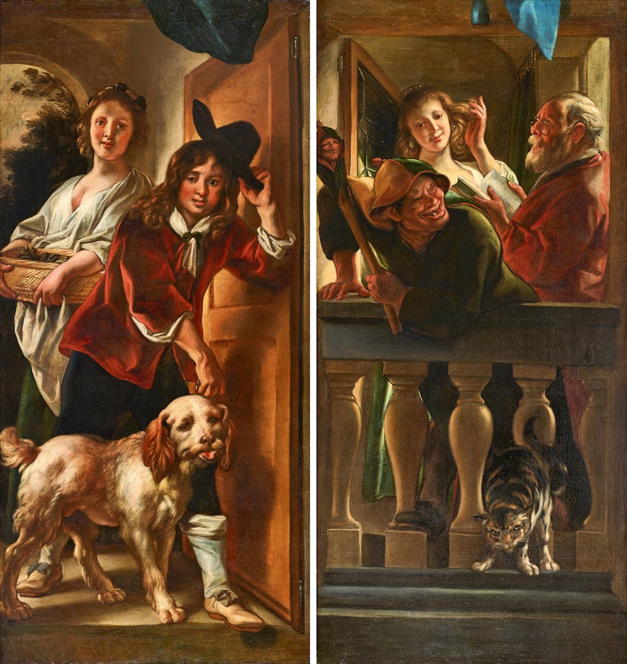 A youth at a doorway doffing his hat as he enters with his dog followed by a young woman carrying a basket (I); and a jester making fun at a balcony, with a young woman preening herself as an old man reads and a cat hisses below (II) a set of two trompe l"oeil wall decorations by Jacob Jordaens