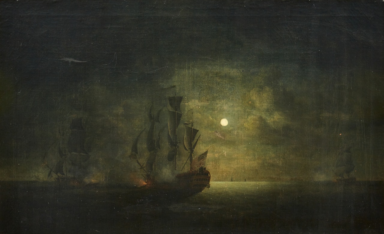 Sea battle in moonlight by Peter Monamy