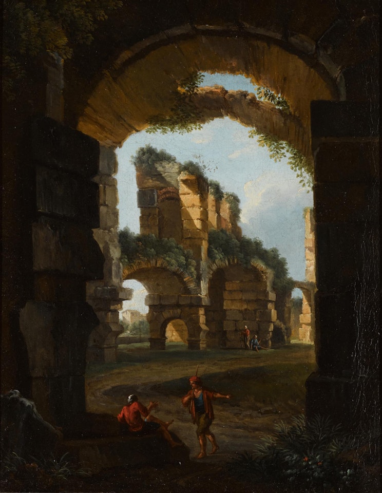 A CLASSICAL LANDSCAPE WITH FIGURES BY RUINS by Roman School