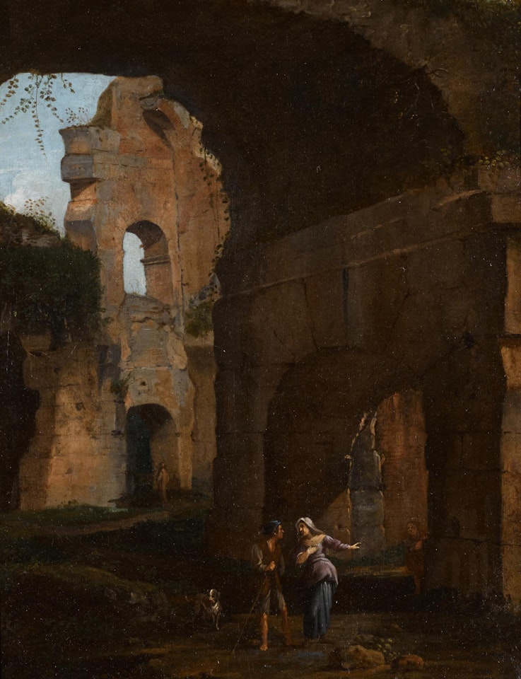 CLASSICAL RUINS WITH FIGURES CONVERSING IN THE FOREGROUND by Roman School