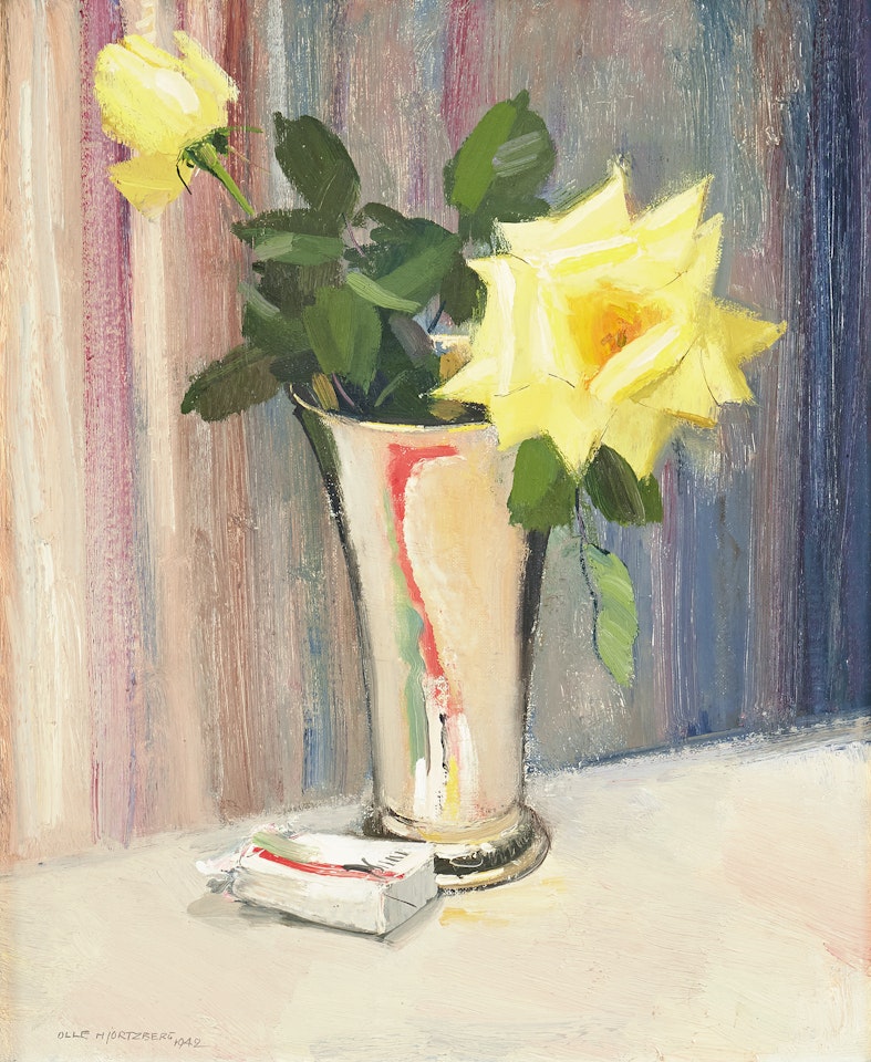 Yellow roses in silver vase by Olle Hjortzberg