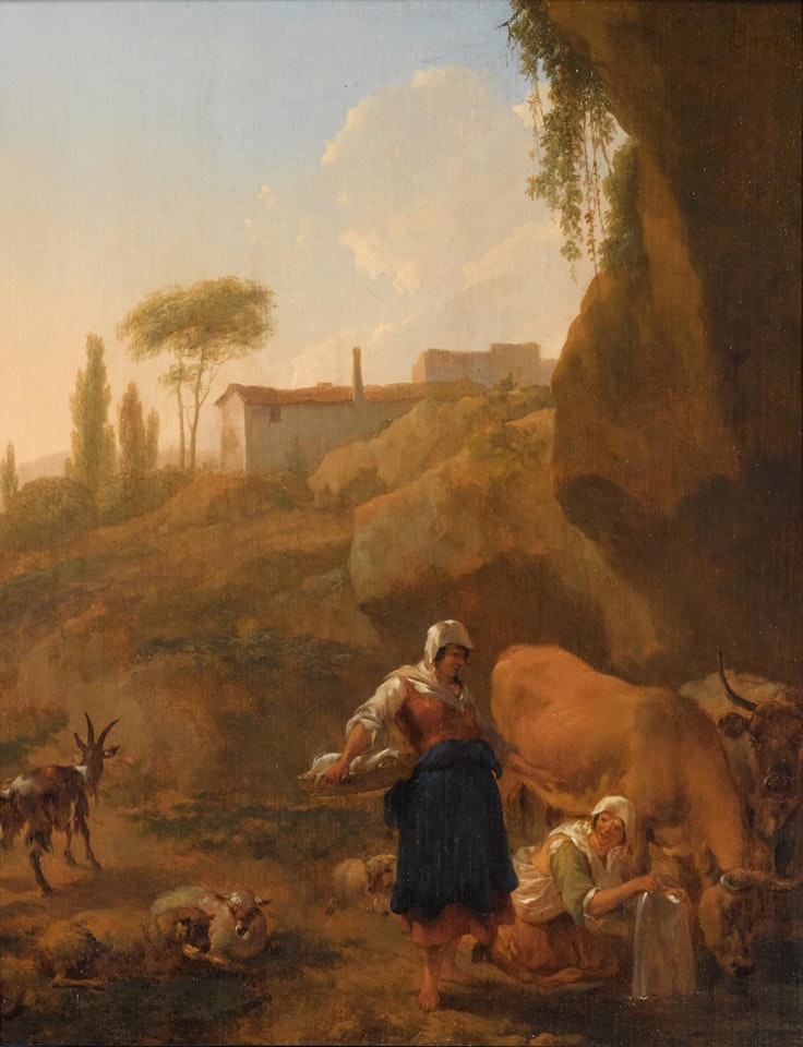 A ROCKY SOUTHERN LANDSCAPE WITH TWO PEASANT WOMEN AND THEIR FLOCK AND CATTLE HALTING NEAR A STREAM by Nicolaes Pietersz Berchem