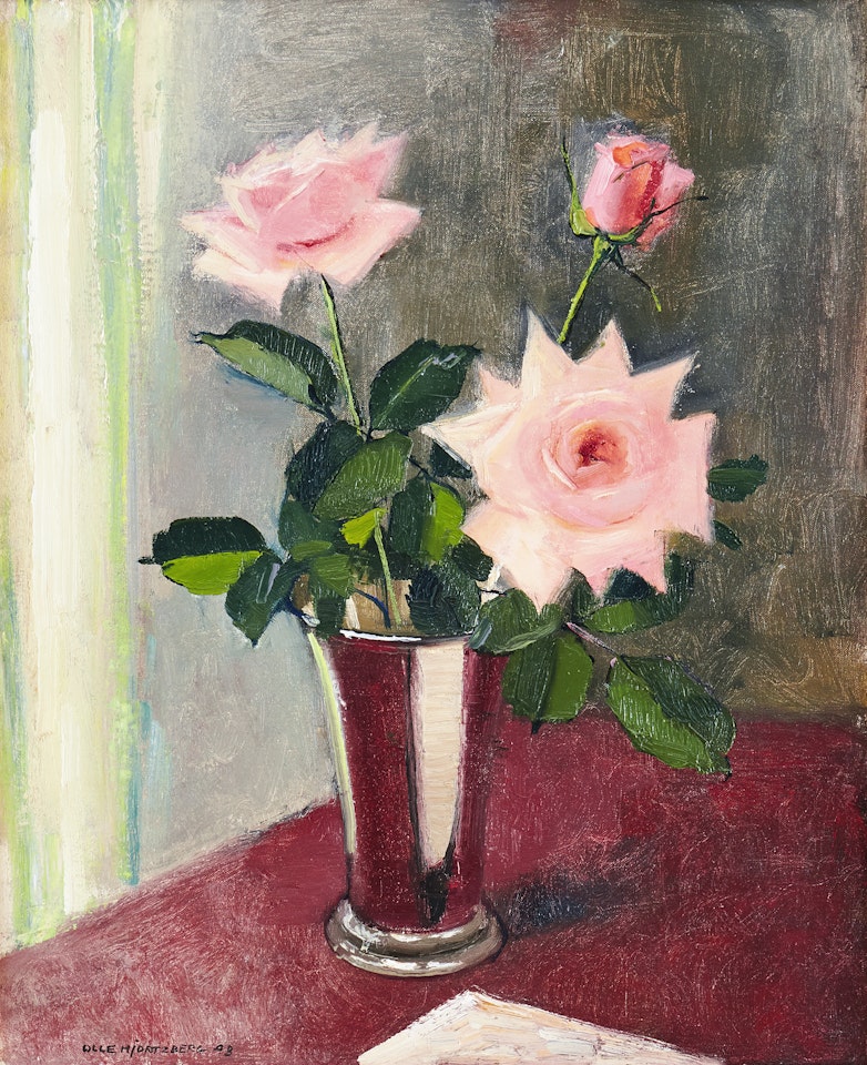 Pink roses in silver goblet by Olle Hjortzberg