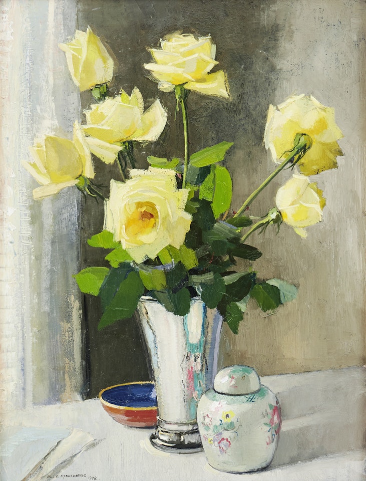 Still life with yellow roses in a silver goblet by Olle Hjortzberg