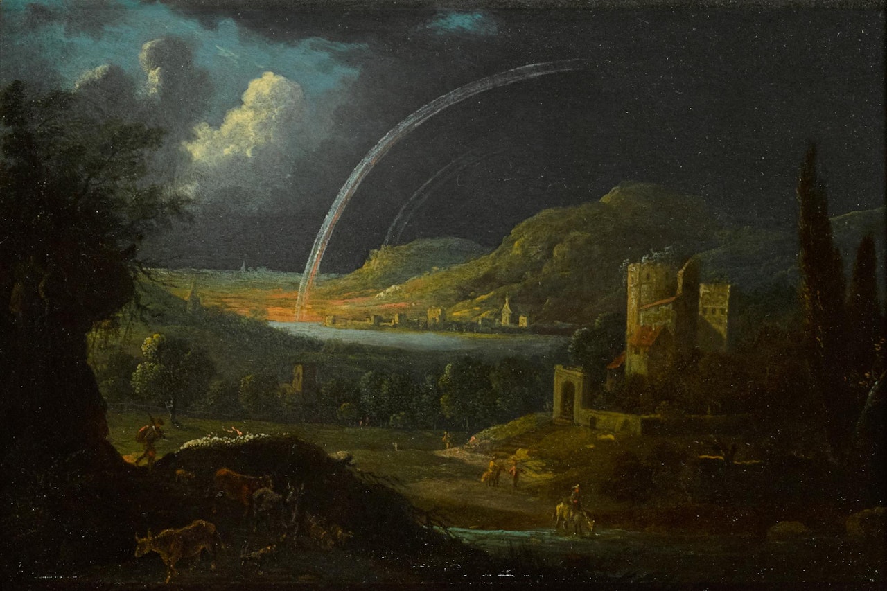 A LANDSCAPE BY NIGHT, WITH A CASTLE BY A LAKE AND TWO RAINBOWS ARCHING OVER A DISTANT TOWN by Dutch School