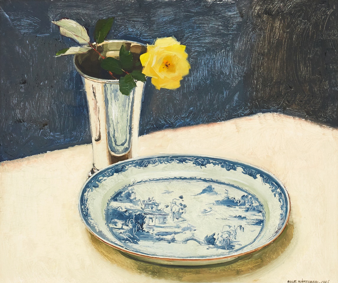 Still life with yellow rose in silver vase and East Indian frying pan by Olle Hjortzberg